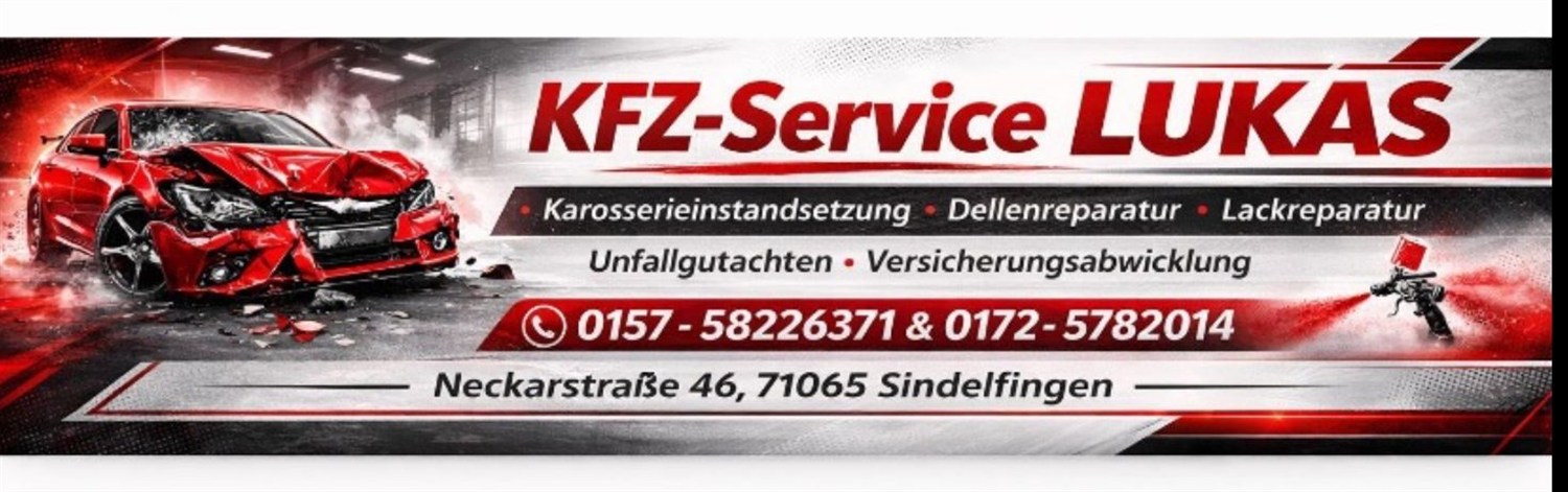 Schild von KFZ-Service LUKAS an der Werkstatt in der Neckarstraße 46, 71065 Sindelfingen